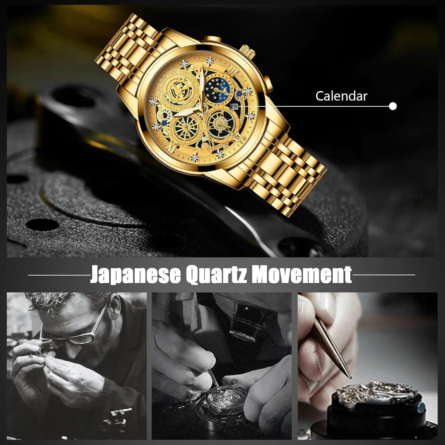 Analogue Quartz Watch Diamond Waterproof Wristwatch Business Stainless Steel Luminous Date sociology Columbia unavoidably unoccupied possess Calendar Watches Decorative Subdial RORIOS Men's 