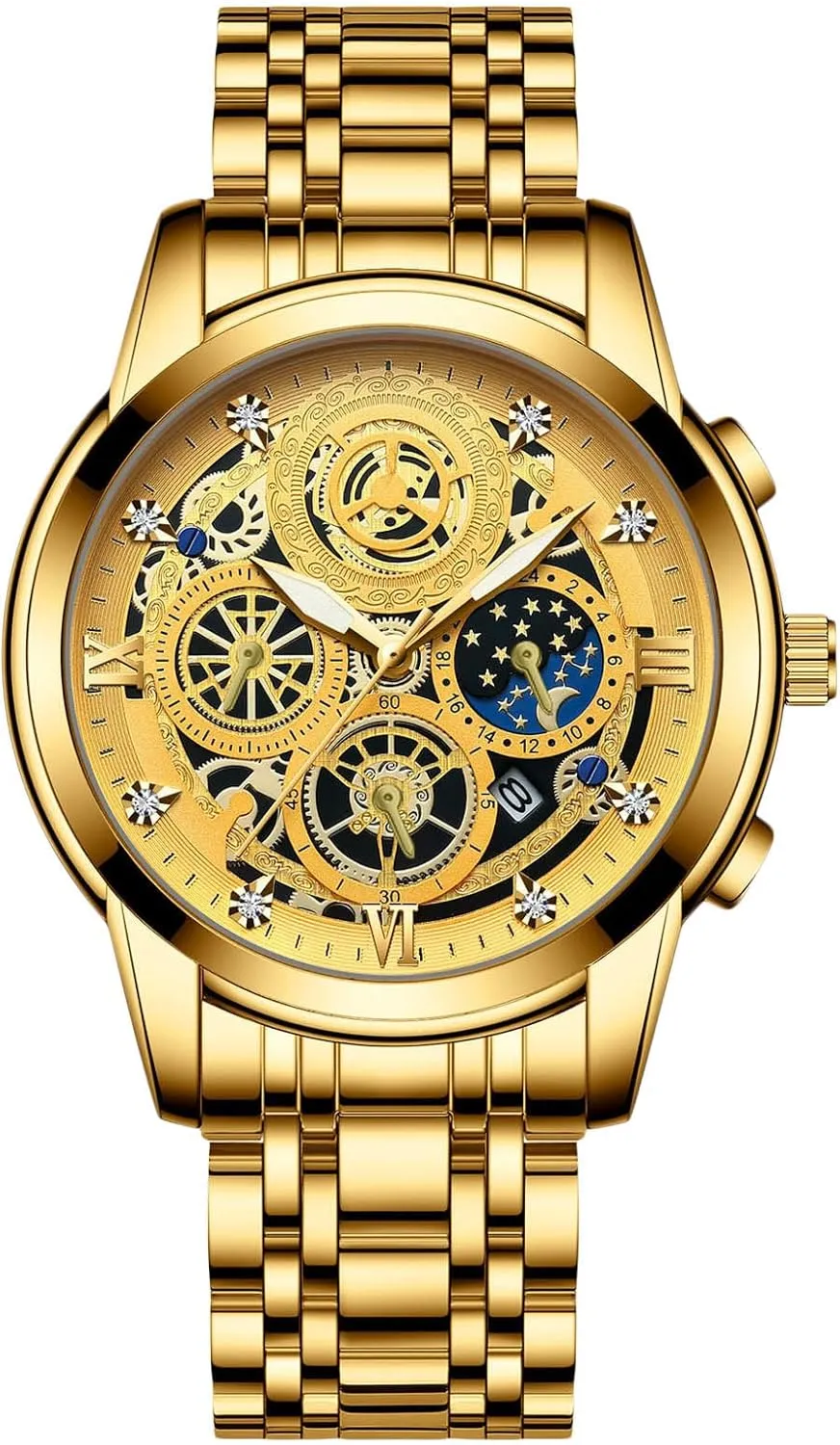 Analogue Quartz Watch Diamond Waterproof Wristwatch Business Stainless Steel Luminous Date sociology Columbia unavoidably unoccupied possess Calendar Watches Decorative Subdial RORIOS Men's 