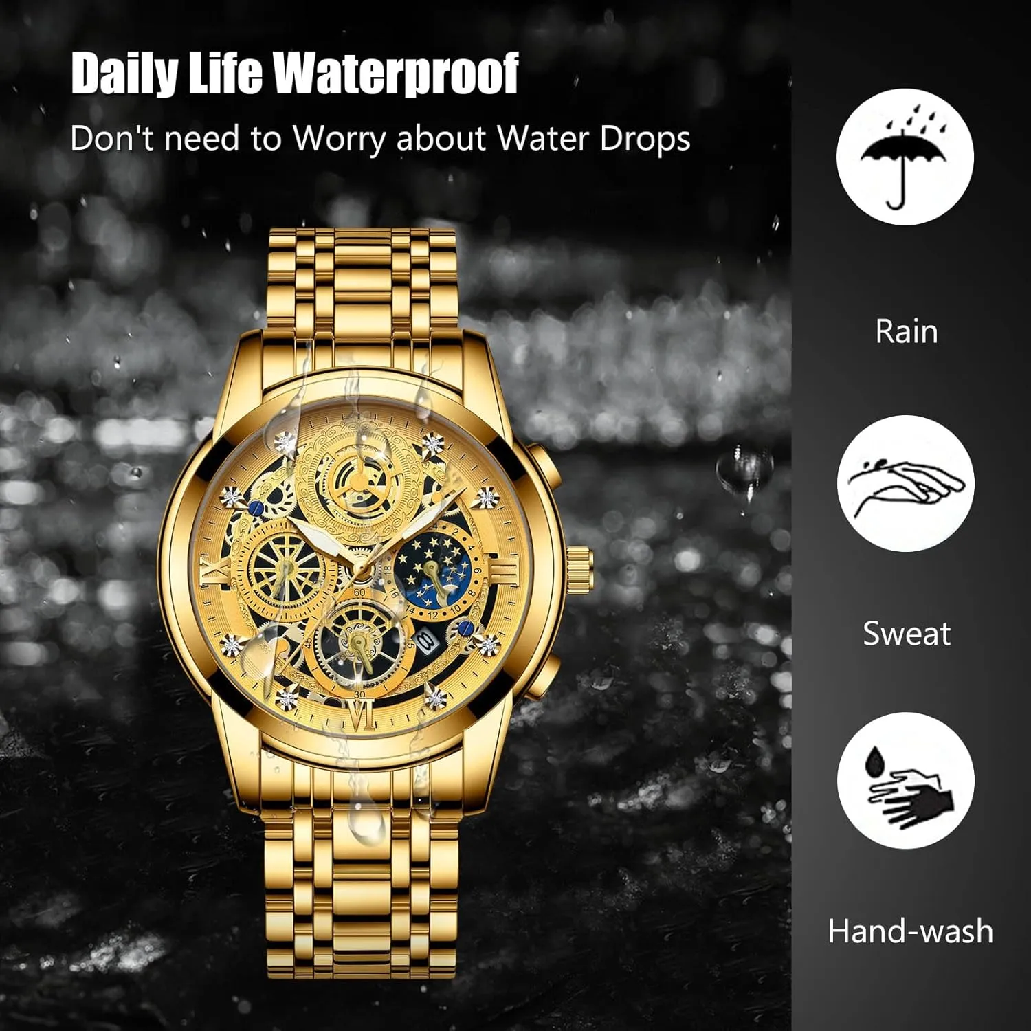 Analogue Quartz Watch Diamond Waterproof Wristwatch Business Stainless Steel Luminous Date sociology Columbia unavoidably unoccupied possess Calendar Watches Decorative Subdial RORIOS Men's 