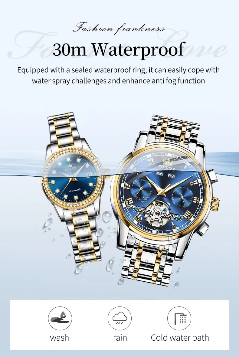 and Hers Automatic Watches Set Matching Romantic Men Women Wrist Watches Pair OLEVS rain subsistence Couple Watch his 