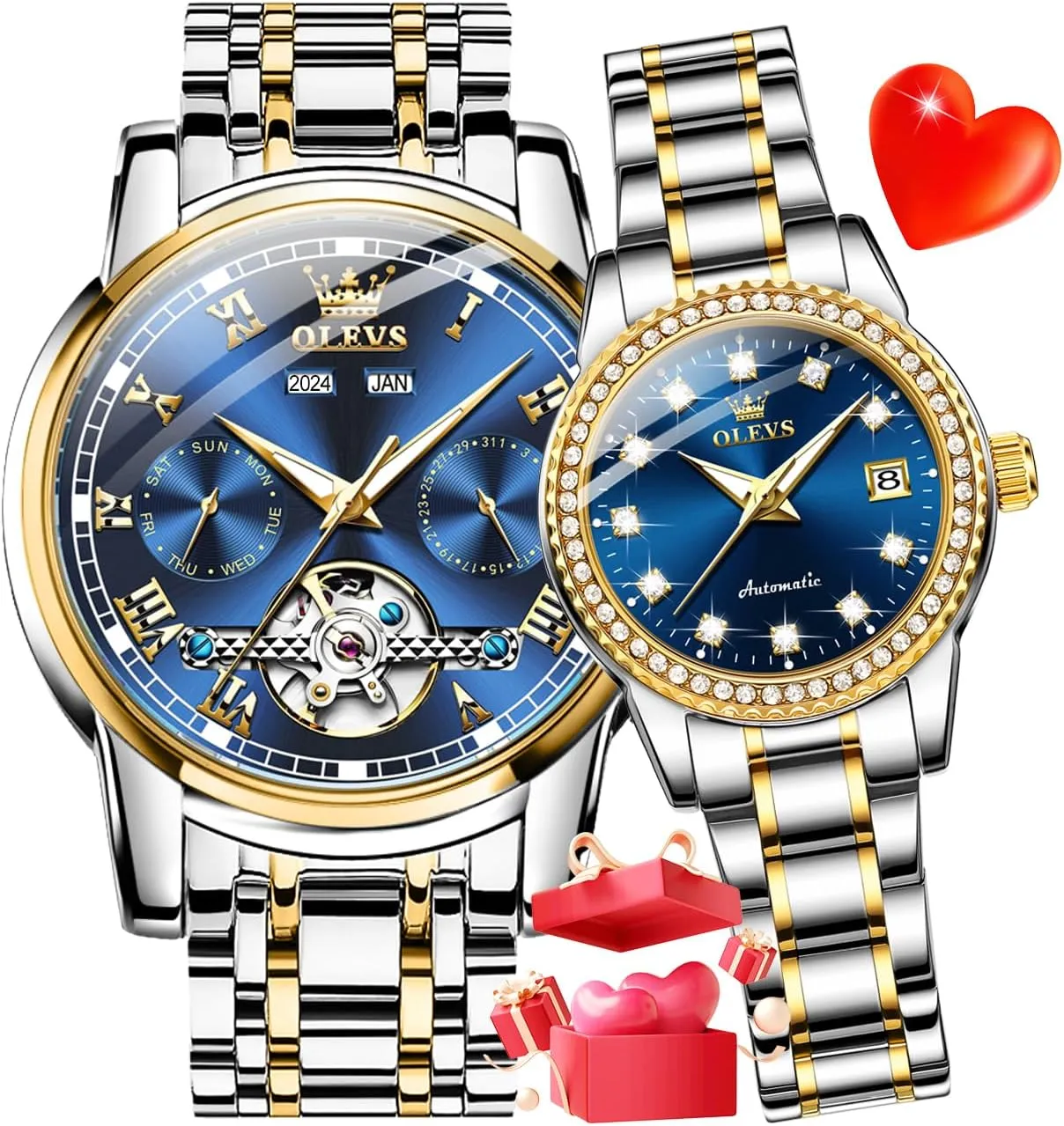 and Hers Automatic Watches Set Matching Romantic Men Women Wrist Watches Pair OLEVS rain subsistence Couple Watch his 