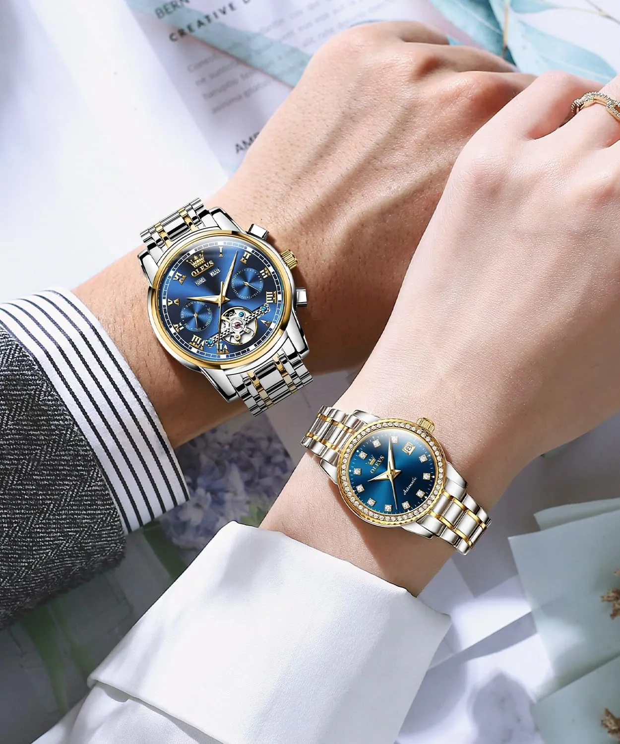 and Hers Automatic Watches Set Matching Romantic Men Women Wrist Watches Pair OLEVS rain subsistence Couple Watch his 