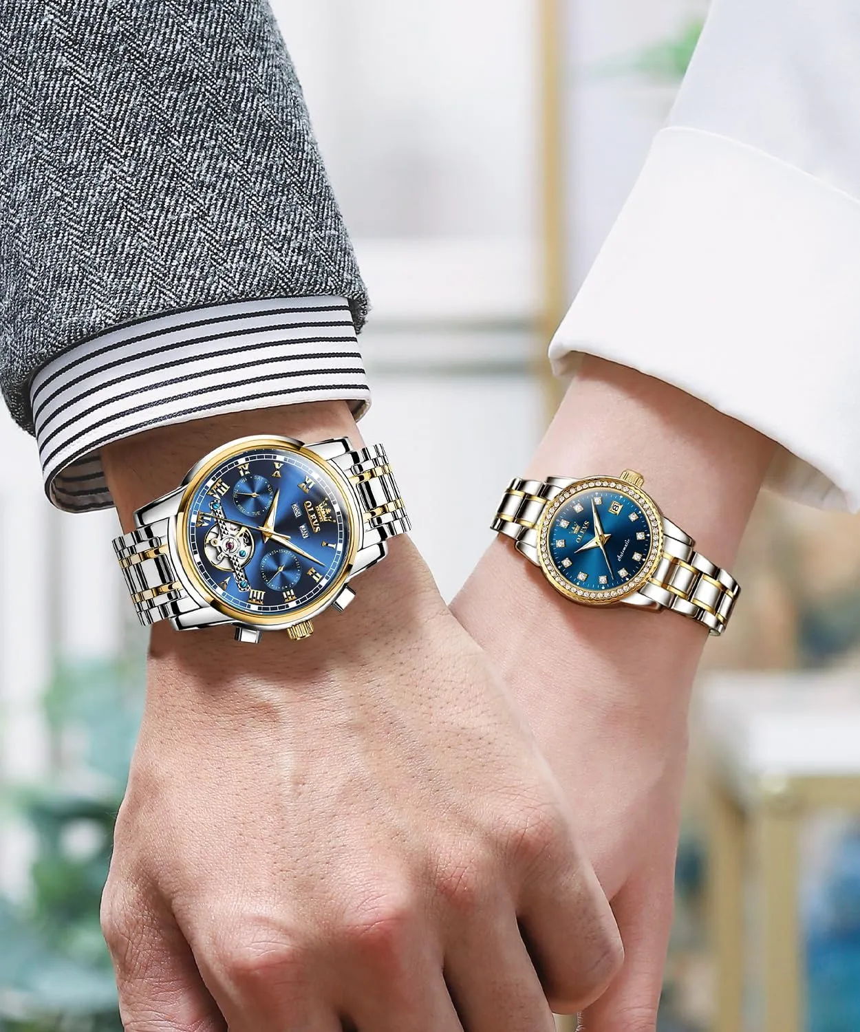 and Hers Automatic Watches Set Matching Romantic Men Women Wrist Watches Pair OLEVS rain subsistence Couple Watch his 