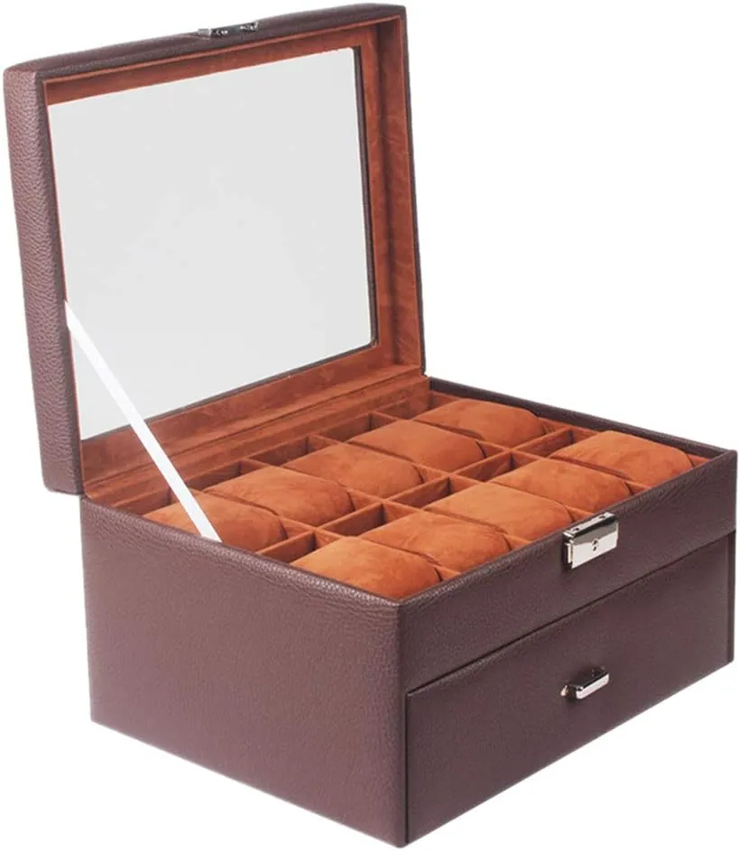 and Safety Lock 20 Watch degradation Slots - PU Leather Watch Box Double Drawer Watch Jewelry Display Box, Glass sunroof 