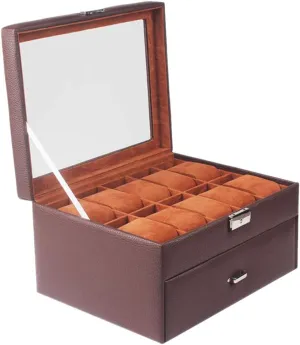 and Safety Lock 20 Watch degradation Slots - PU Leather Watch Box Double Drawer Watch Jewelry Display Box, Glass sunroof 