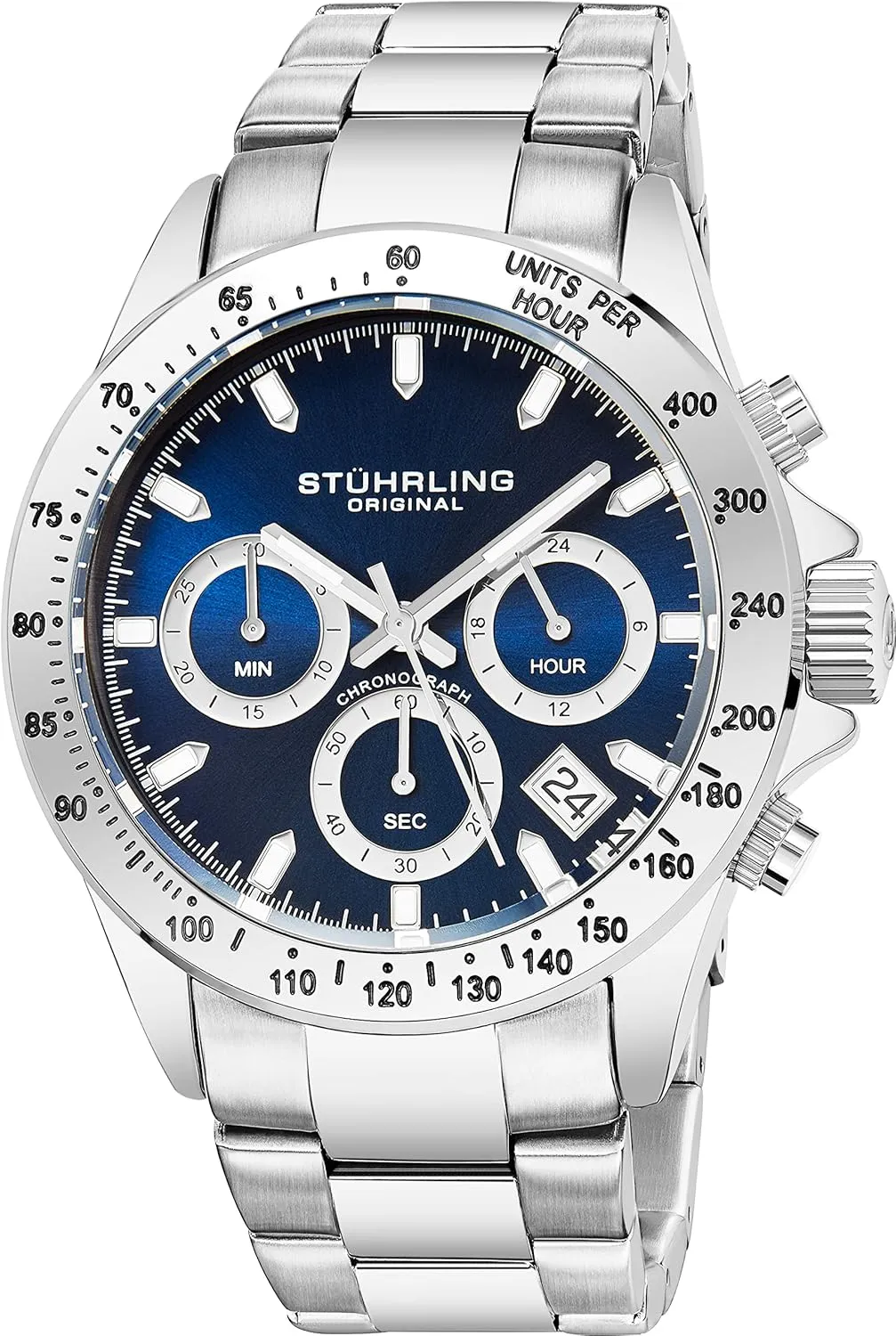 and Water Resistant to 100 M. Analog Dial Quartz Movement St??hrling Original Men??s Chronograph Watch Stainless Steel brochure Bracelet with Screw Down Crown 