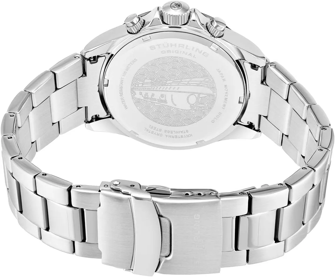 and Water Resistant to 100 M. Analog Dial Quartz Movement St??hrling Original Men??s Chronograph Watch Stainless Steel brochure Bracelet with Screw Down Crown 