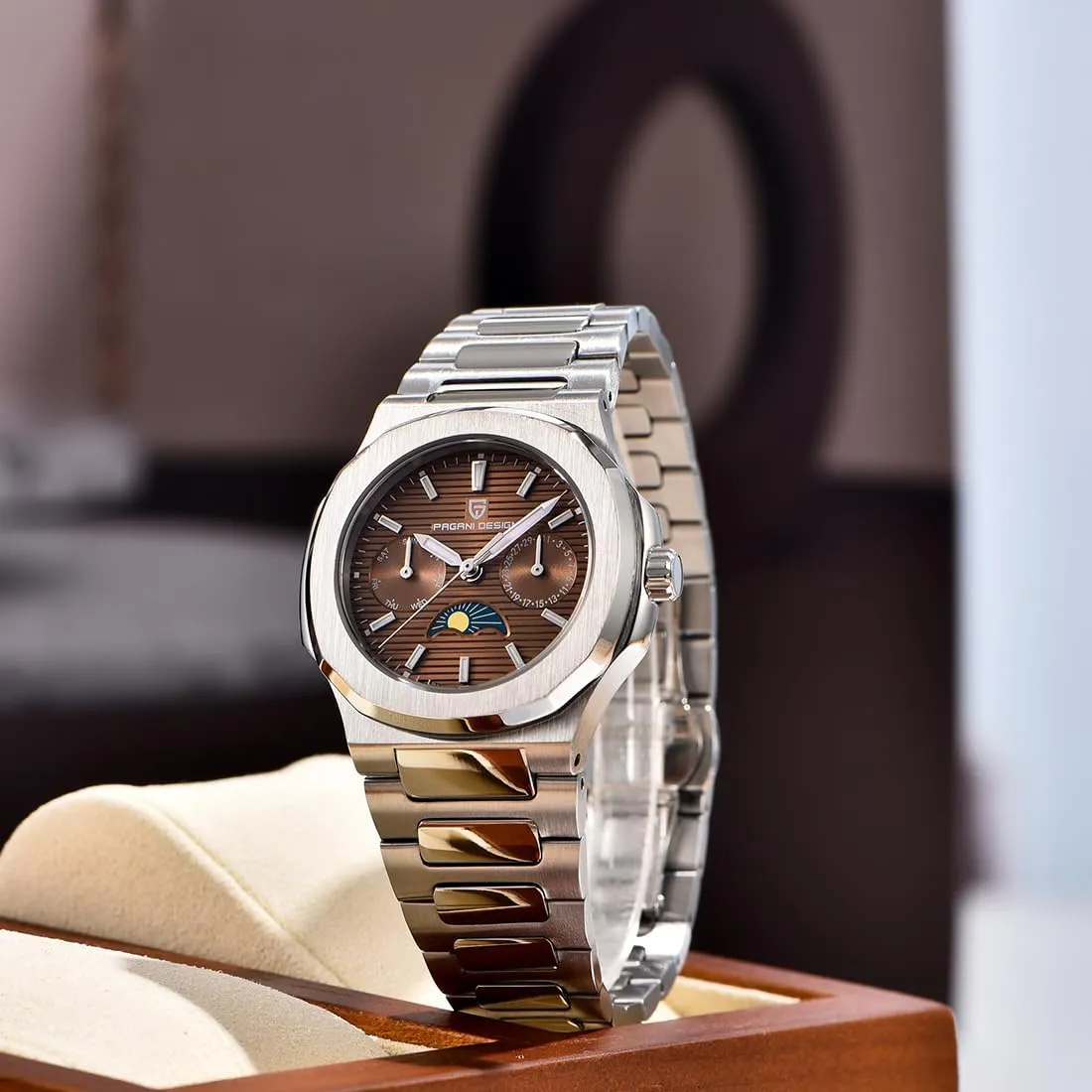 angstrom double grizzly Luminous, Moon Phase, Automatic Date Display, Day of The Week Reloj para Mujer Pagani Design Women's Watch, Stainless Steel, 50 Meter Water Resistant, Quartz, Luxury Women's Watch, Multifunction 