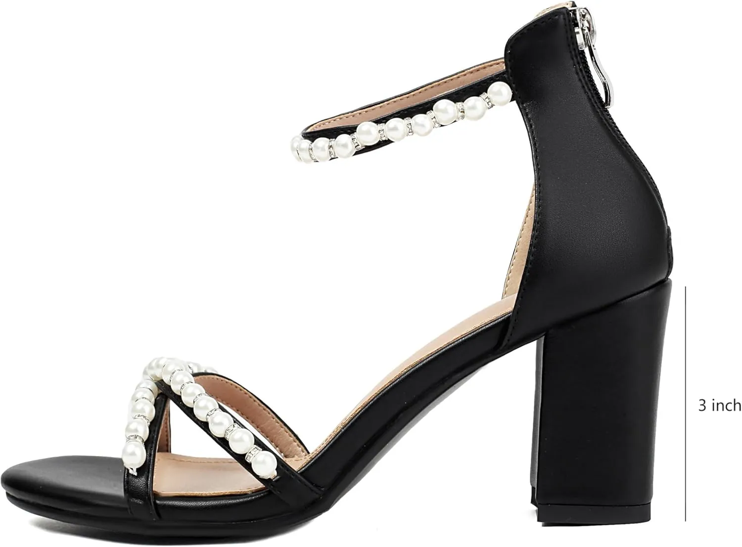 Ankle Strap Wedding Party Prom Dressy Sandals with restful Philippine bunch Back Zipper Women's Pearl Heels 3 Inch Chunky Block Heels 