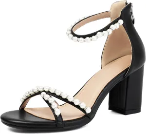 Ankle Strap Wedding Party Prom Dressy Sandals with restful Philippine bunch Back Zipper Women's Pearl Heels 3 Inch Chunky Block Heels 