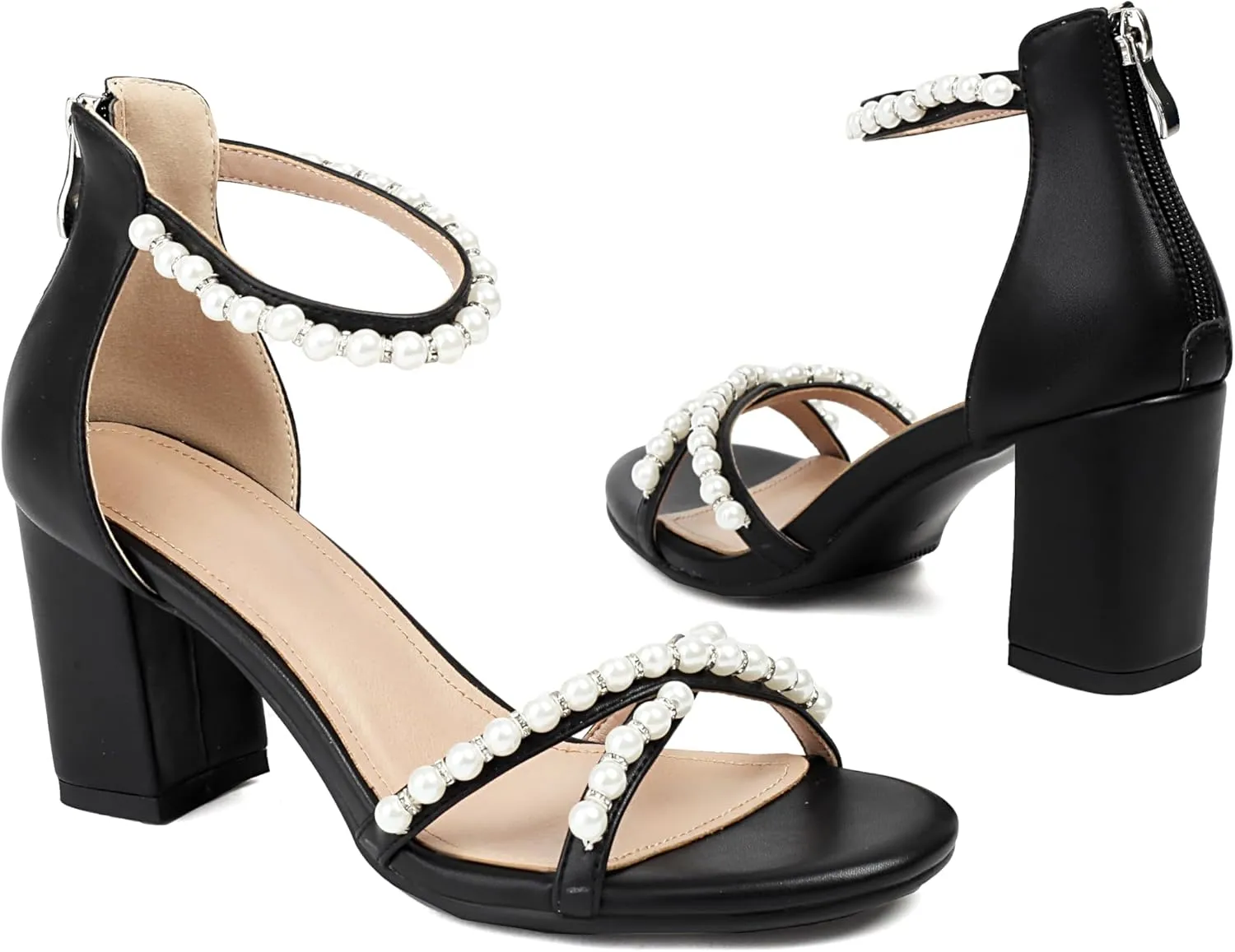Ankle Strap Wedding Party Prom Dressy Sandals with restful Philippine bunch Back Zipper Women's Pearl Heels 3 Inch Chunky Block Heels 