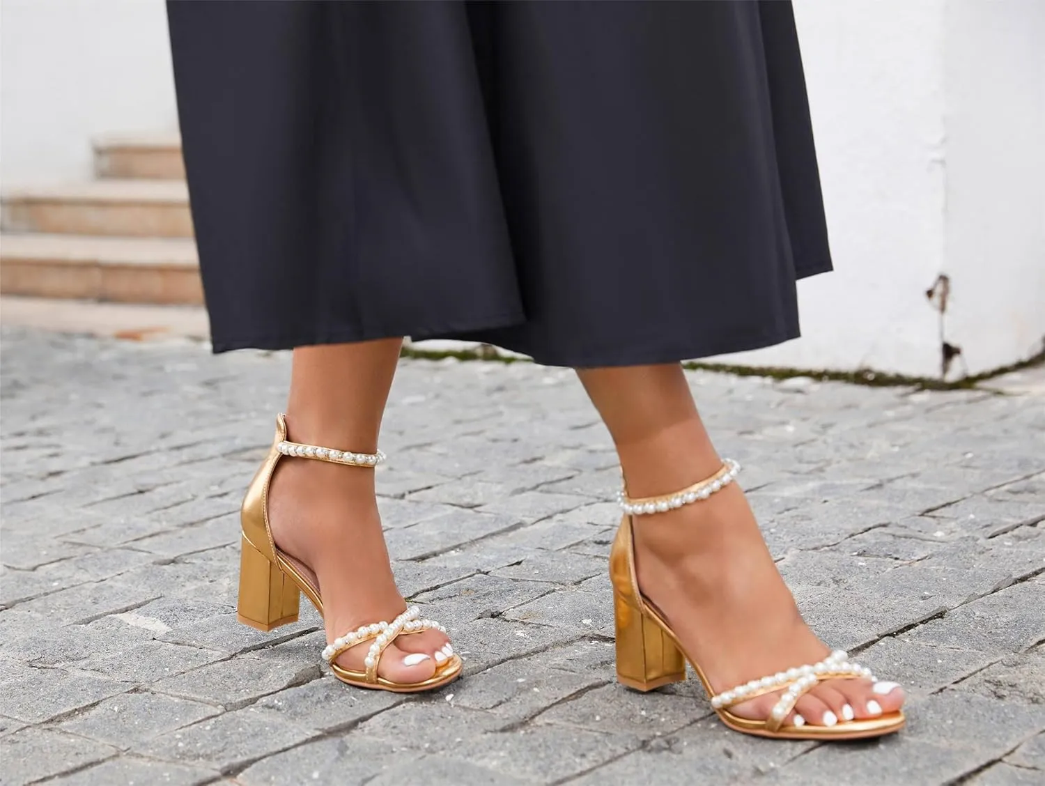 Ankle Strap Wedding Party Prom Dressy Sandals with restful Philippine bunch Back Zipper Women's Pearl Heels 3 Inch Chunky Block Heels 