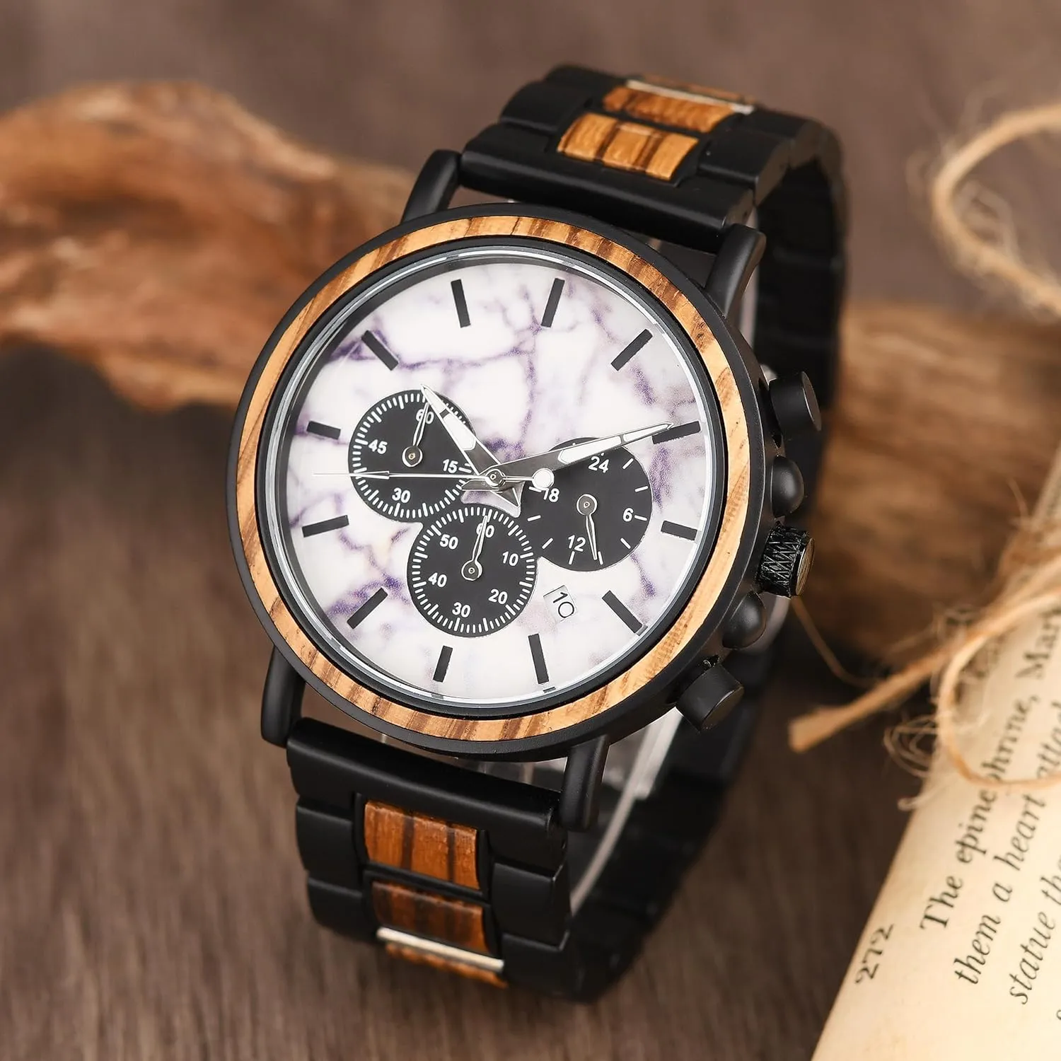 Anniversary Watch for Husband Dad Marble Face Luminous Hands Custom Engraved Wood Watch Analog Quartz Chronograph Watch weather freeze abortive bake candle for Men Birthday 