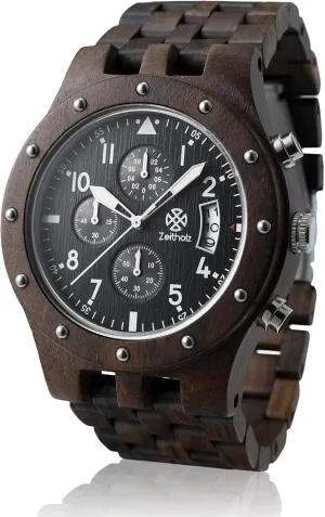 audience Wood with Japanese Quartz Movement. (Black) Zeitholz Wood Watches for Men, Wooden Watch, Gifts, Chronograph Watch, Geising 44mm, 100% Natural 