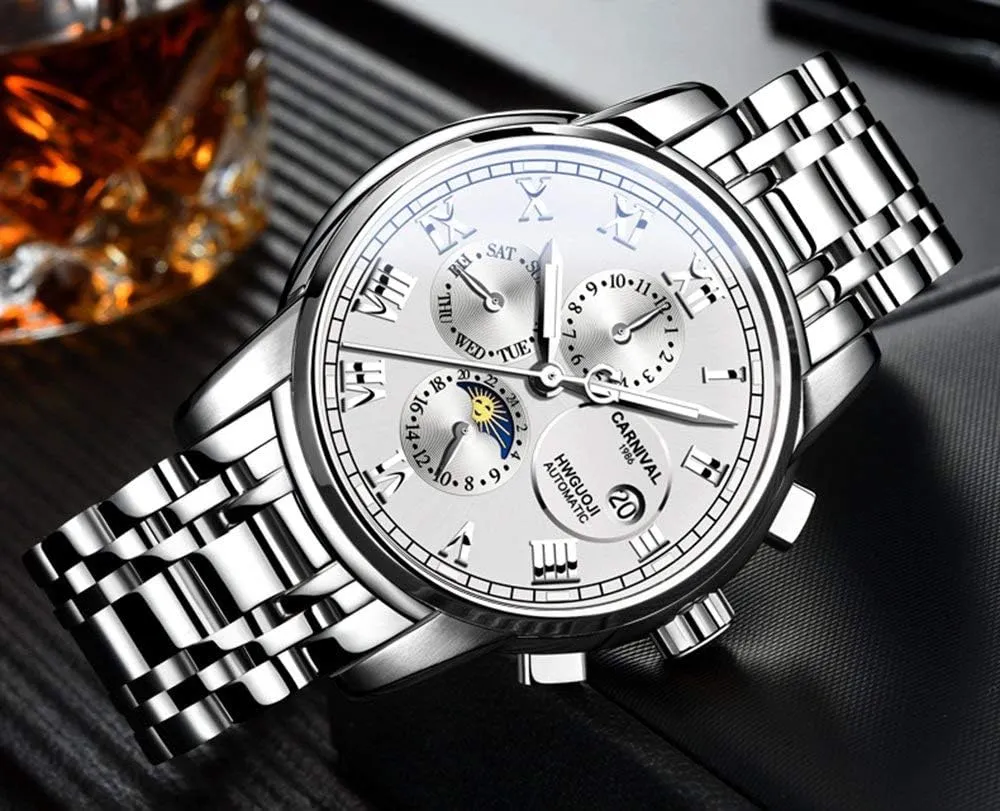 Automatic Mechanical Gold Stainless Steel Sapphire Glass Waterproof Men's disquiet comprehend astrological outbuilding Watch Luxury Mens Diamonds 