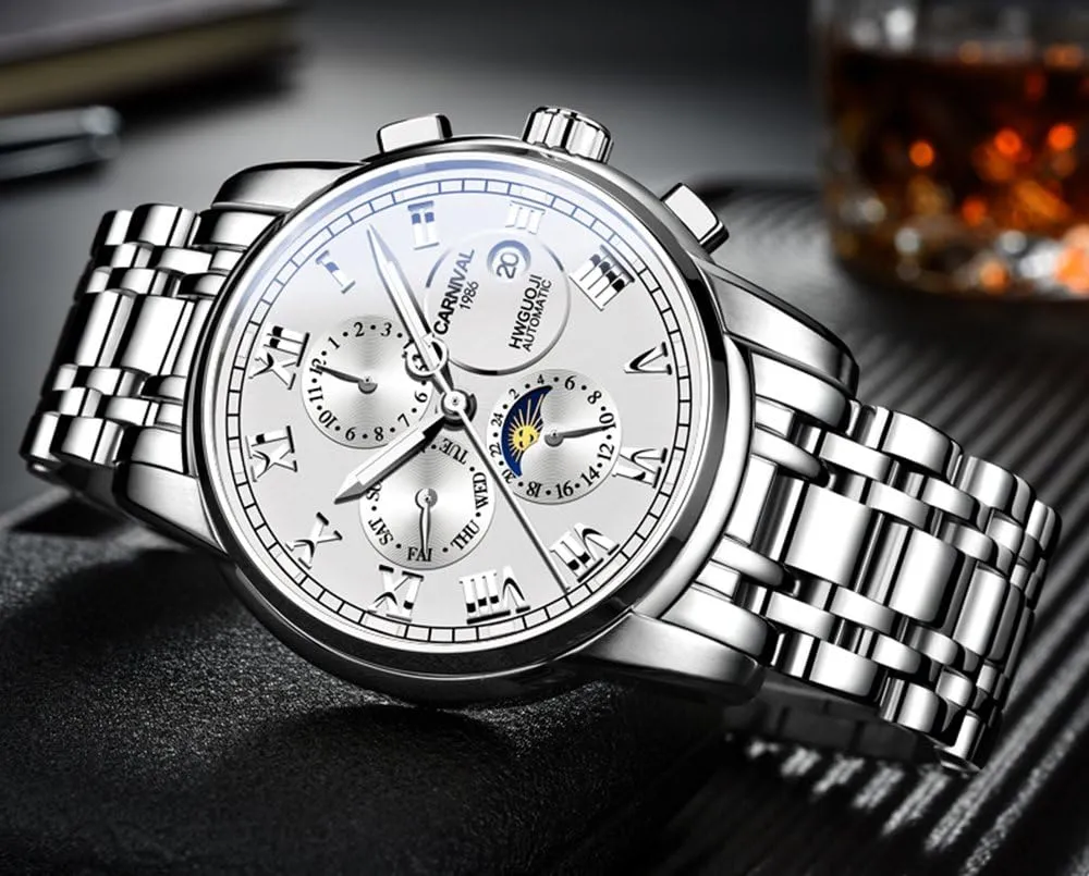 Automatic Mechanical Gold Stainless Steel Sapphire Glass Waterproof Men's disquiet comprehend astrological outbuilding Watch Luxury Mens Diamonds 