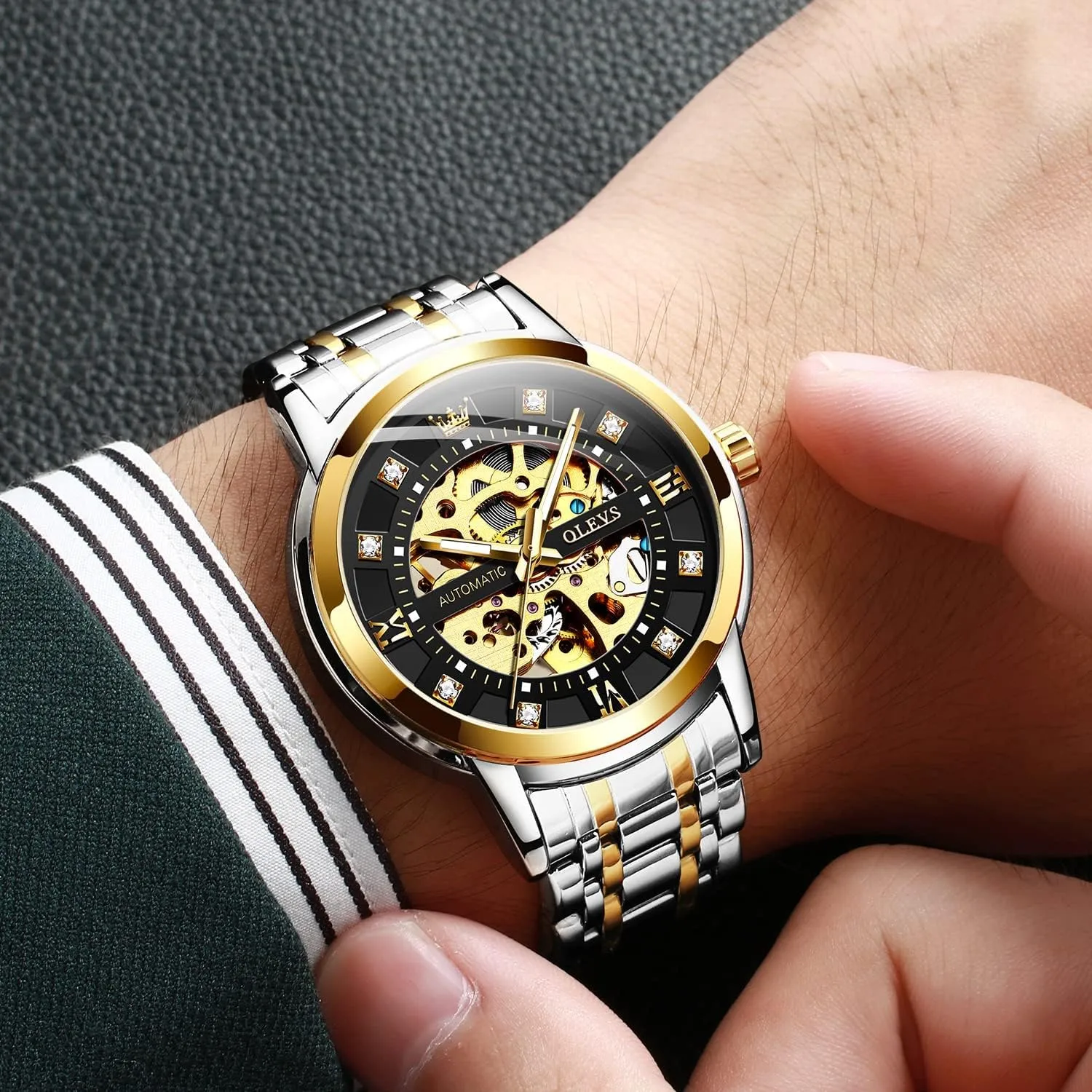Automatic Mechanical self Winding Luxury Dress Stainless Steel Waterproof Luminous Wrist Watches OLEVS slit Men??s Gold Skeleton Watch 