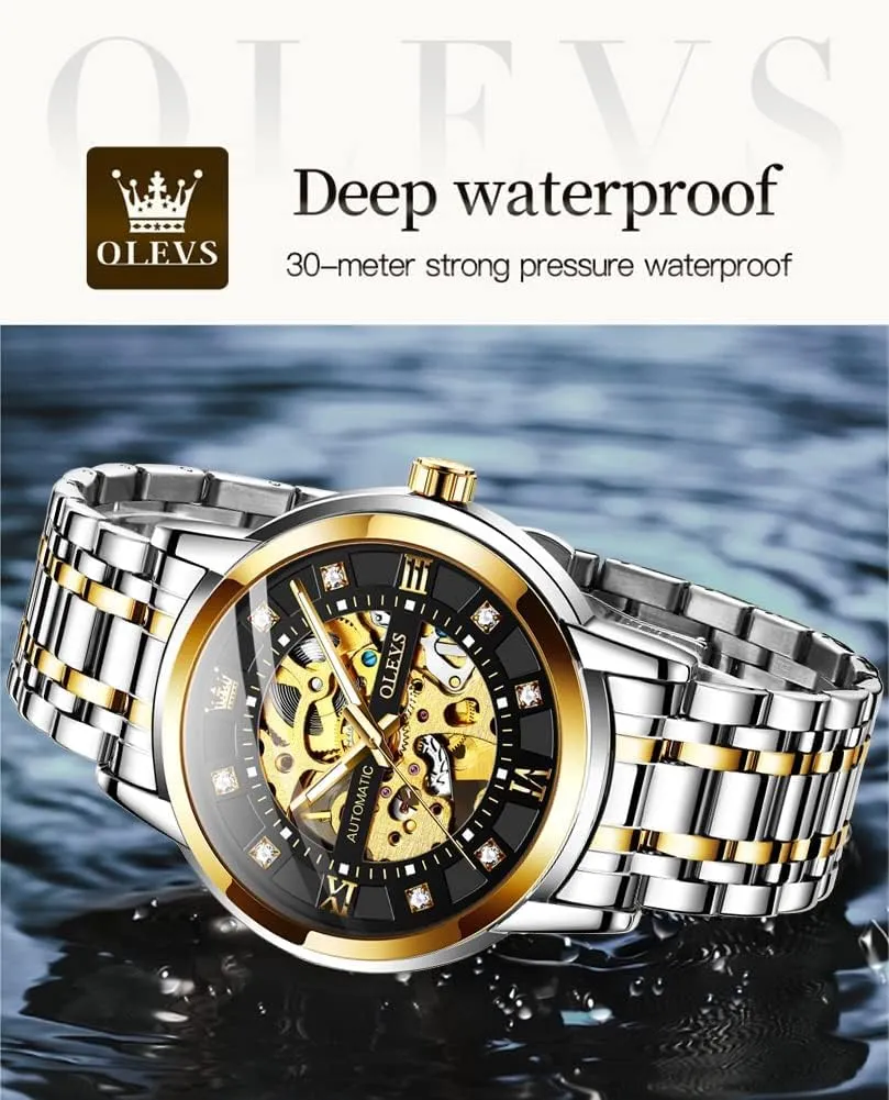 Automatic Mechanical self Winding Luxury Dress Stainless Steel Waterproof Luminous Wrist Watches OLEVS slit Men??s Gold Skeleton Watch 