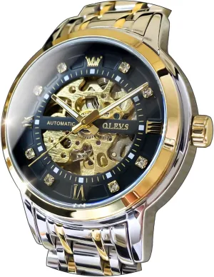 Automatic Mechanical self Winding Luxury Dress Stainless Steel Waterproof Luminous Wrist Watches OLEVS slit Men??s Gold Skeleton Watch 
