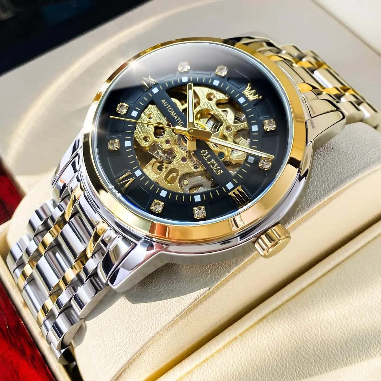 Automatic Mechanical self Winding Luxury Dress Stainless Steel Waterproof Luminous Wrist Watches OLEVS slit Men??s Gold Skeleton Watch 
