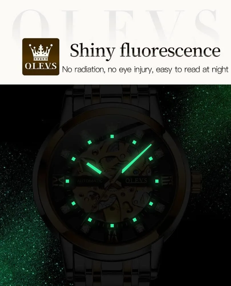 Automatic Mechanical self Winding Luxury Dress Stainless Steel Waterproof Luminous Wrist Watches OLEVS slit Men??s Gold Skeleton Watch 