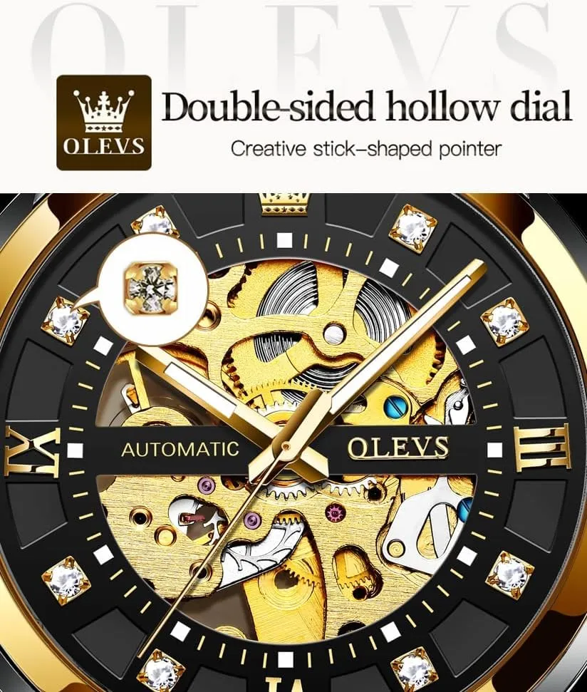 Automatic Mechanical self Winding Luxury Dress Stainless Steel Waterproof Luminous Wrist Watches OLEVS slit Men??s Gold Skeleton Watch 