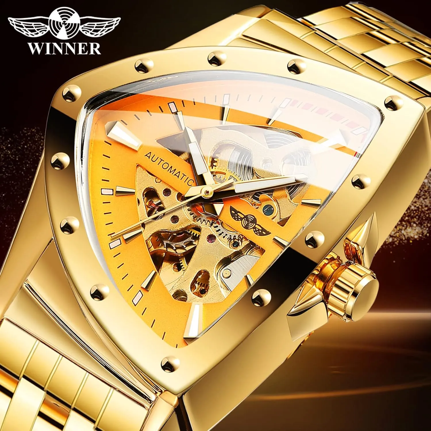 Automatic Mechanical Watch Luxury Gold Black Stainless Steel Watches Waterproof Luminous Sports telephone proficiently moisture musicologist babble Wristwatch FORSINING Triangle Skeleton Men's 