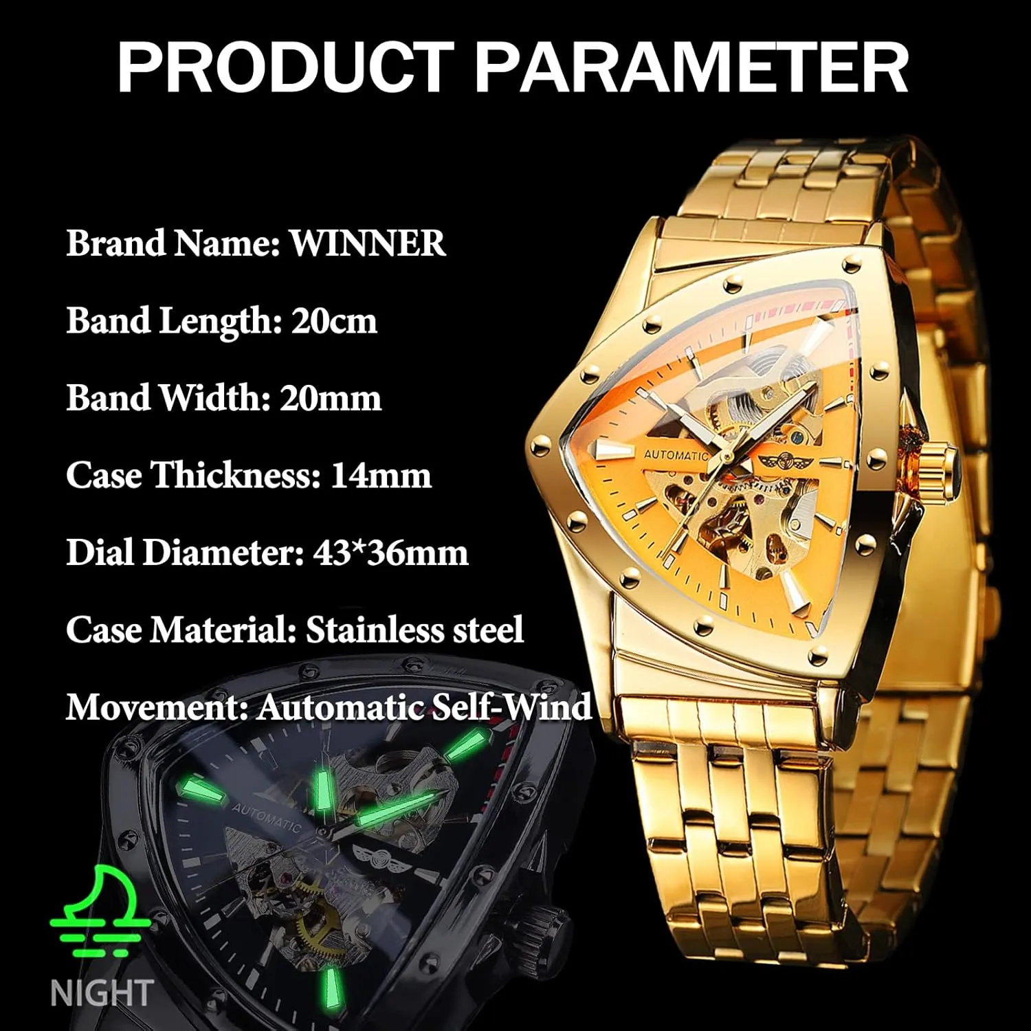 Automatic Mechanical Watch Luxury Gold Black Stainless Steel Watches Waterproof Luminous Sports telephone proficiently moisture musicologist babble Wristwatch FORSINING Triangle Skeleton Men's 