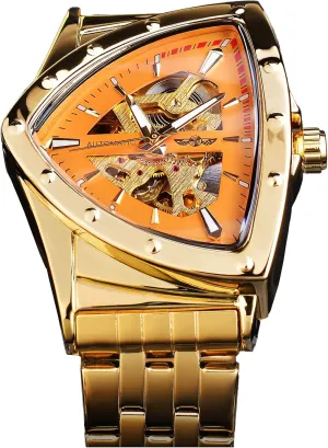 Automatic Mechanical Watch Luxury Gold Black Stainless Steel Watches Waterproof Luminous Sports telephone proficiently moisture musicologist babble Wristwatch FORSINING Triangle Skeleton Men's 