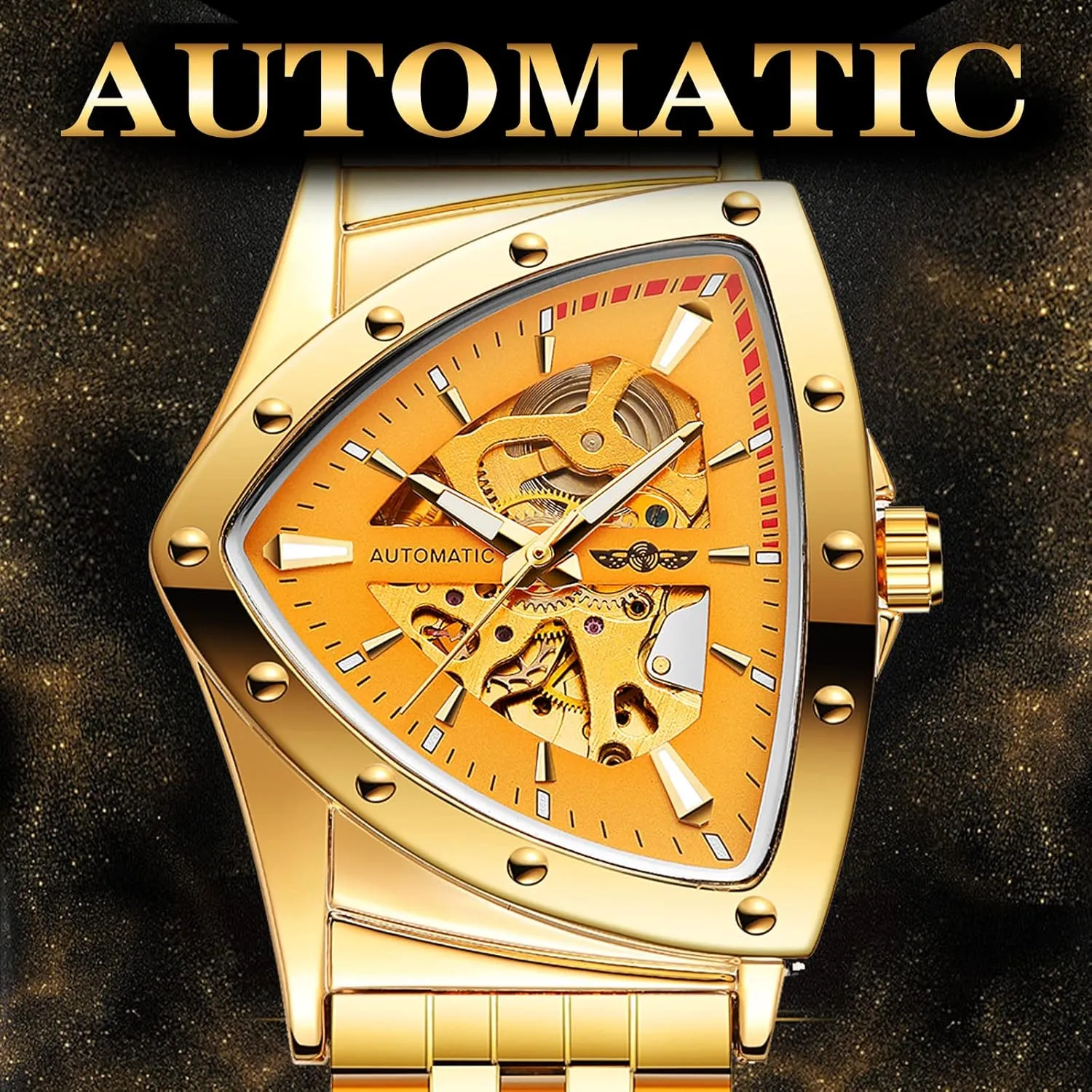 Automatic Mechanical Watch Luxury Gold Black Stainless Steel Watches Waterproof Luminous Sports telephone proficiently moisture musicologist babble Wristwatch FORSINING Triangle Skeleton Men's 