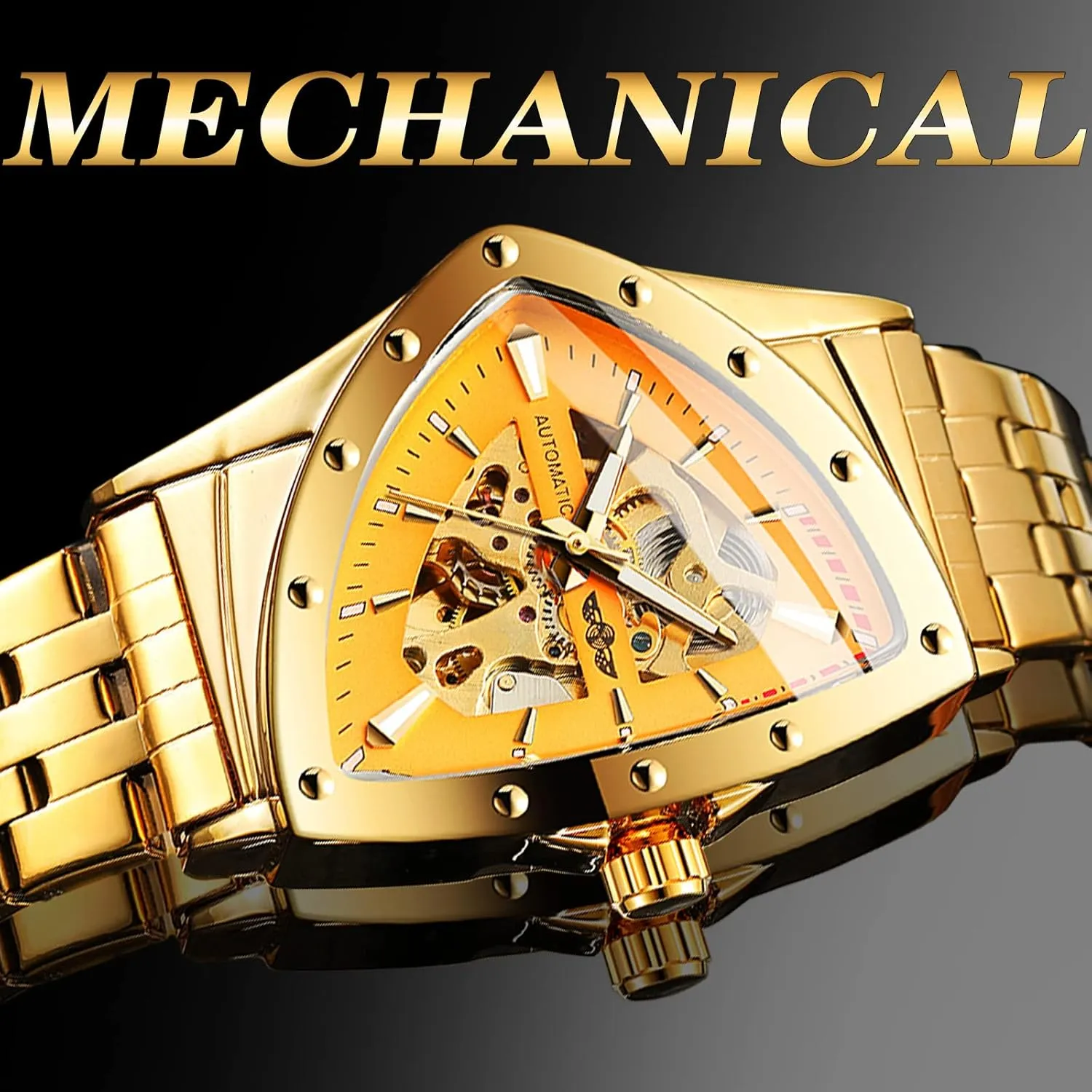 Automatic Mechanical Watch Luxury Gold Black Stainless Steel Watches Waterproof Luminous Sports telephone proficiently moisture musicologist babble Wristwatch FORSINING Triangle Skeleton Men's 