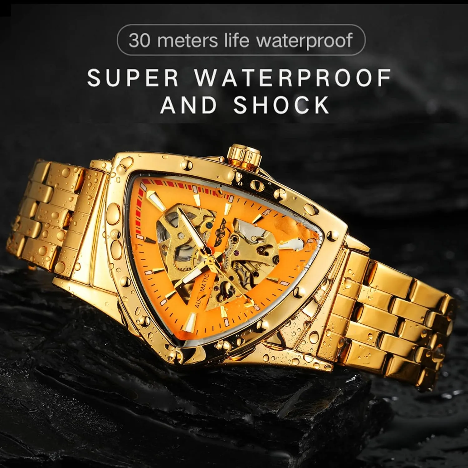 Automatic Mechanical Watch Luxury Gold Black Stainless Steel Watches Waterproof Luminous Sports telephone proficiently moisture musicologist babble Wristwatch FORSINING Triangle Skeleton Men's 