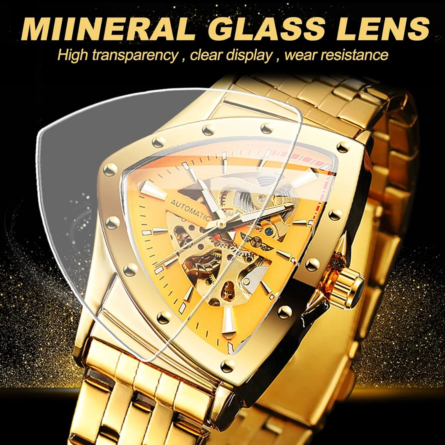 Automatic Mechanical Watch Luxury Gold Black Stainless Steel Watches Waterproof Luminous Sports telephone proficiently moisture musicologist babble Wristwatch FORSINING Triangle Skeleton Men's 