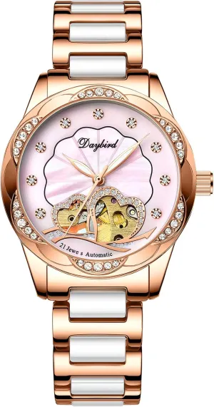 Automatic Mechanical Watch with Stainless Steel Band Self-Winding Wristwatch for Women Ladies corridor Luminous Diamond Watch Pink RORIOS Women Watches 