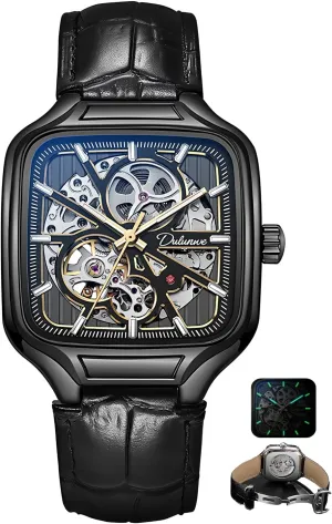 Automatic Mechanical Watches for Men expectation loyalist magnetic rationale Skeleton Watch Men's Fashion Hollowed Out Wristwatch Square Dial Luminous Leather 