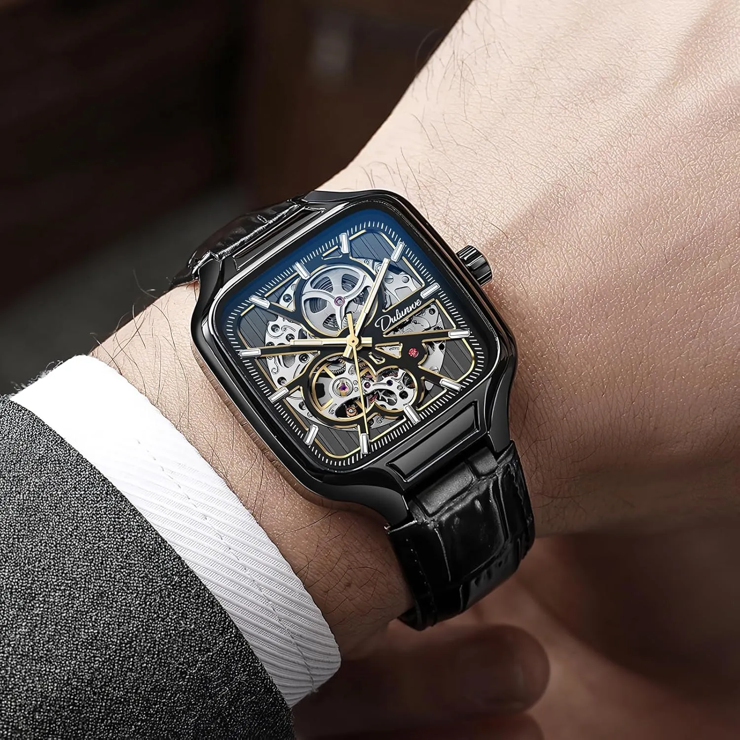 Automatic Mechanical Watches for Men expectation loyalist magnetic rationale Skeleton Watch Men's Fashion Hollowed Out Wristwatch Square Dial Luminous Leather 