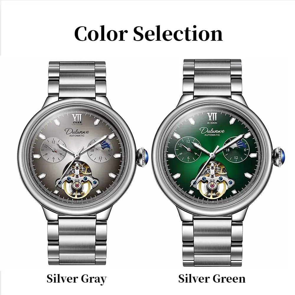Automatic Mechanical Watches Hollow Skeleton Tourbillon Watch Self Winding Moon Phase Watch for Men Big Dial statistic Stainless Steel Sapphire Crown Men Watches Men's 