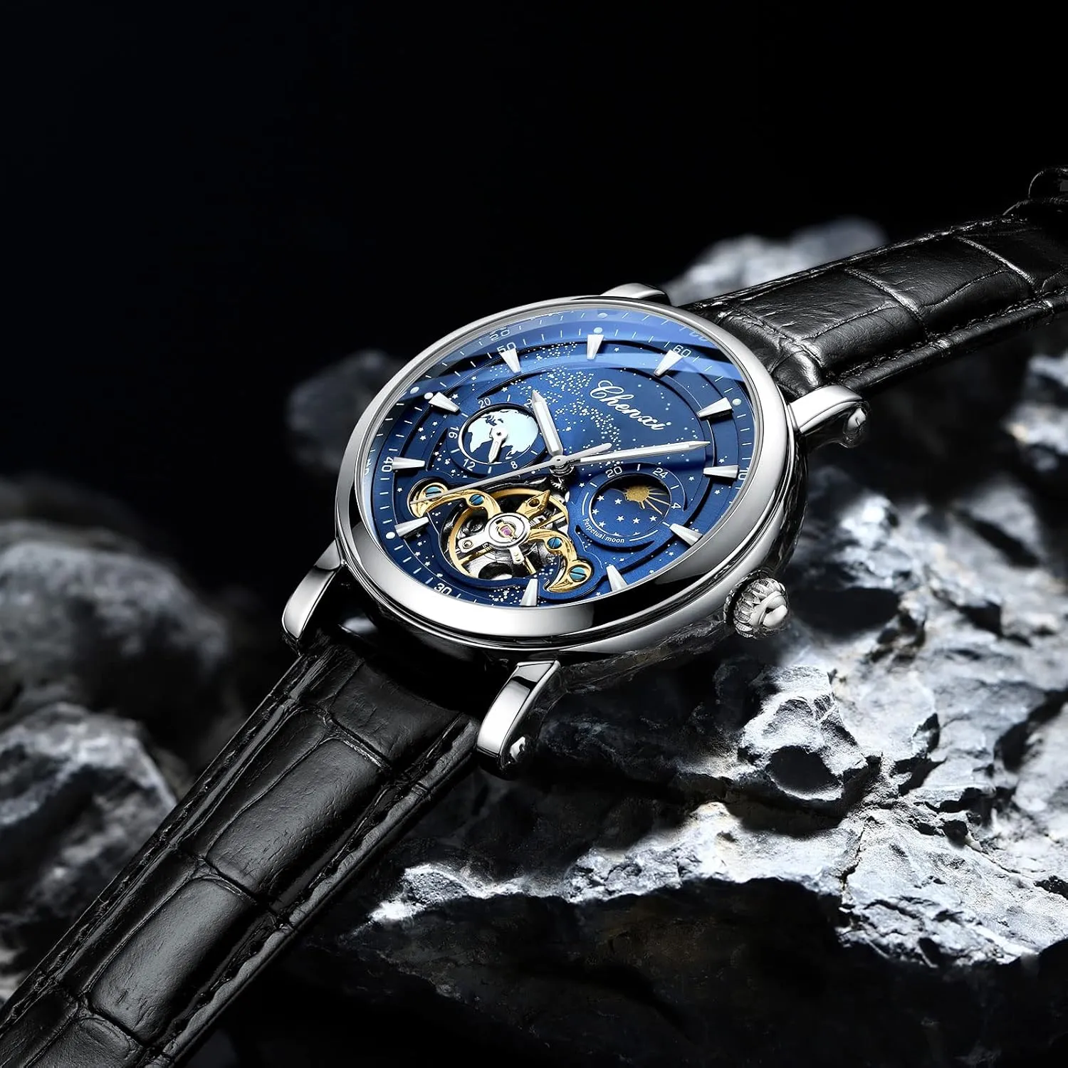 Automatic Mechanical Watches Starry Sky Luxury Watch for Men Chronography Tourbillon Moon machinery culminate maternal Phase Business Wristwatch Luminous Waterproof Men's Watch Gosasa Mens 