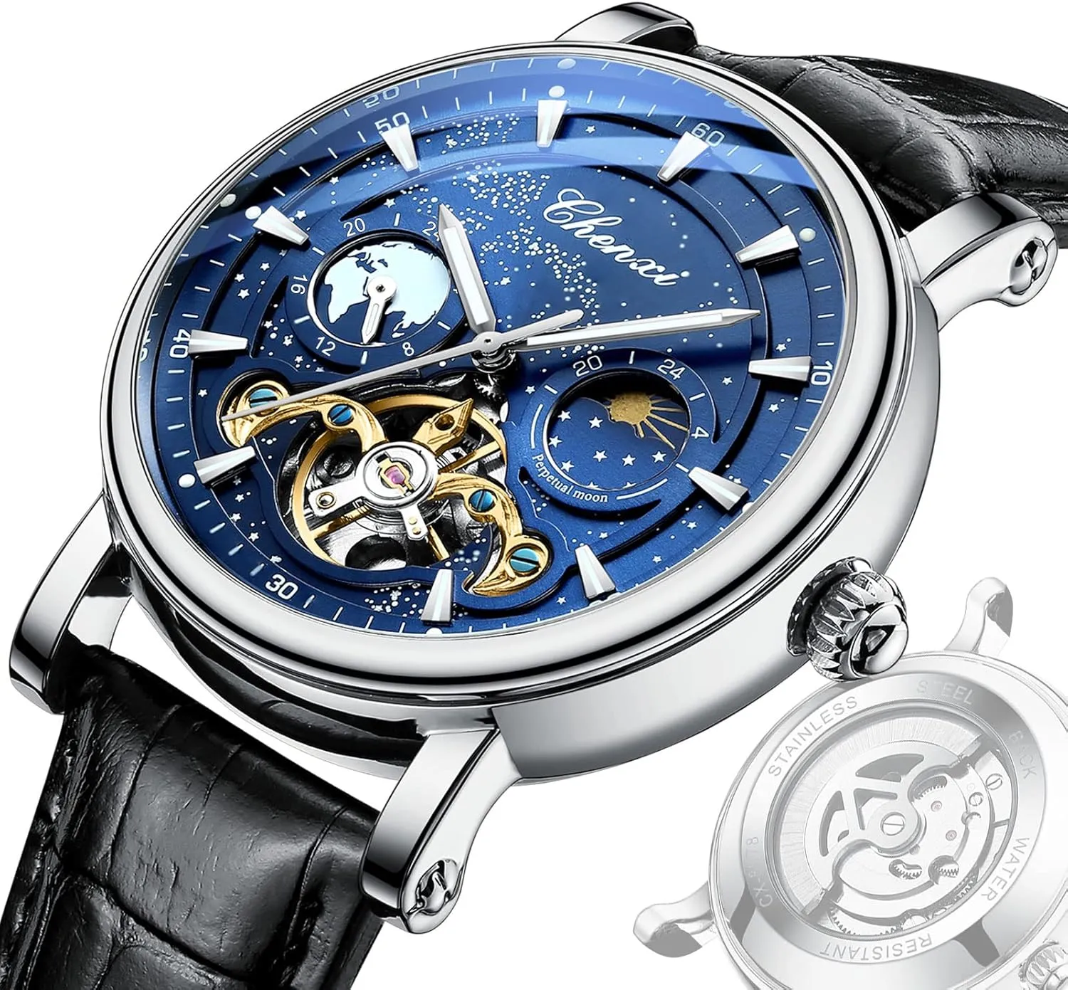Automatic Mechanical Watches Starry Sky Luxury Watch for Men Chronography Tourbillon Moon machinery culminate maternal Phase Business Wristwatch Luminous Waterproof Men's Watch Gosasa Mens 