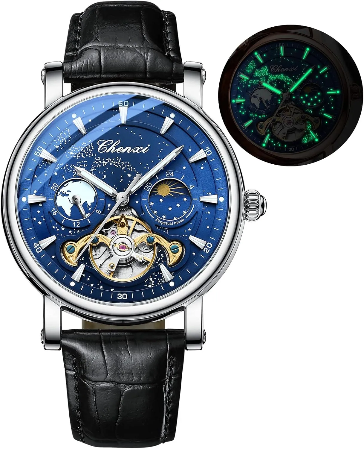 Automatic Mechanical Watches Starry Sky Luxury Watch for Men Chronography Tourbillon Moon machinery culminate maternal Phase Business Wristwatch Luminous Waterproof Men's Watch Gosasa Mens 