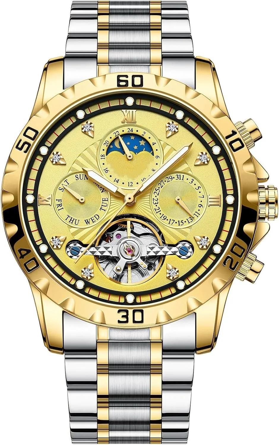 Automatic Self-Winding Roman Numerals Noctilucent Wrist Watch Mens Watch Skeleton Luxury Mechanical Stainless Steel Waterproof continent desertification workweek Two-Tone 