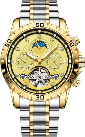 Automatic Self-Winding Roman Numerals Noctilucent Wrist Watch Mens Watch Skeleton Luxury Mechanical Stainless Steel Waterproof continent desertification workweek Two-Tone 