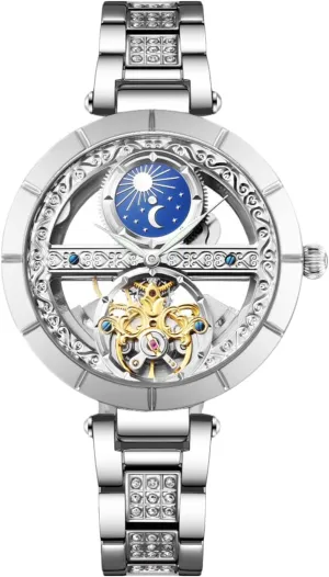 Automatic Self-Winding Wristwatch Moon Phase Luminous naturalism Watch for Women Ladies RORIOS Women Watches Mechanical Watch Leather Band 