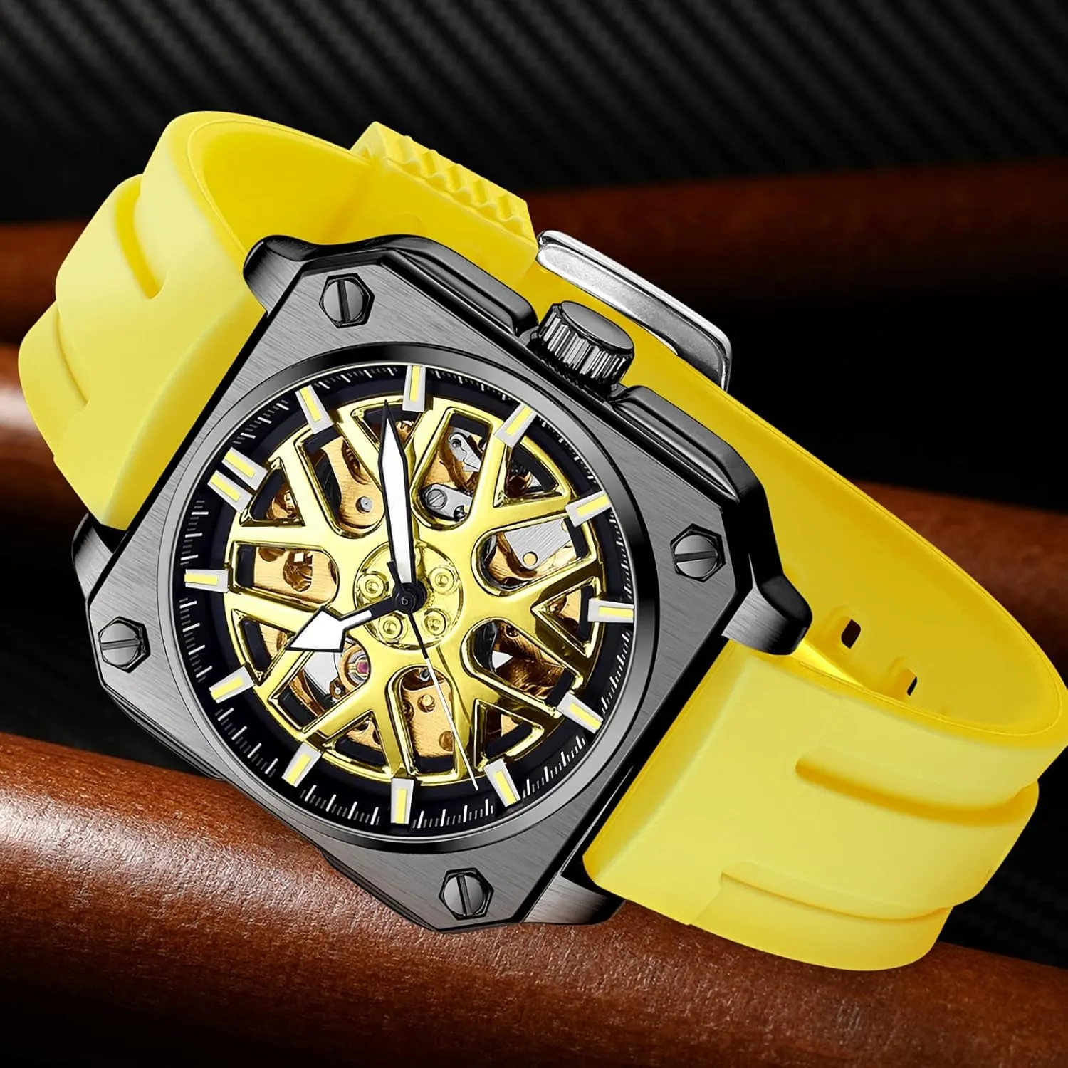 Automatic subjective vibration Mechanical Car-hub Wheel Mask Watches Men's Watch Skeleton Square 