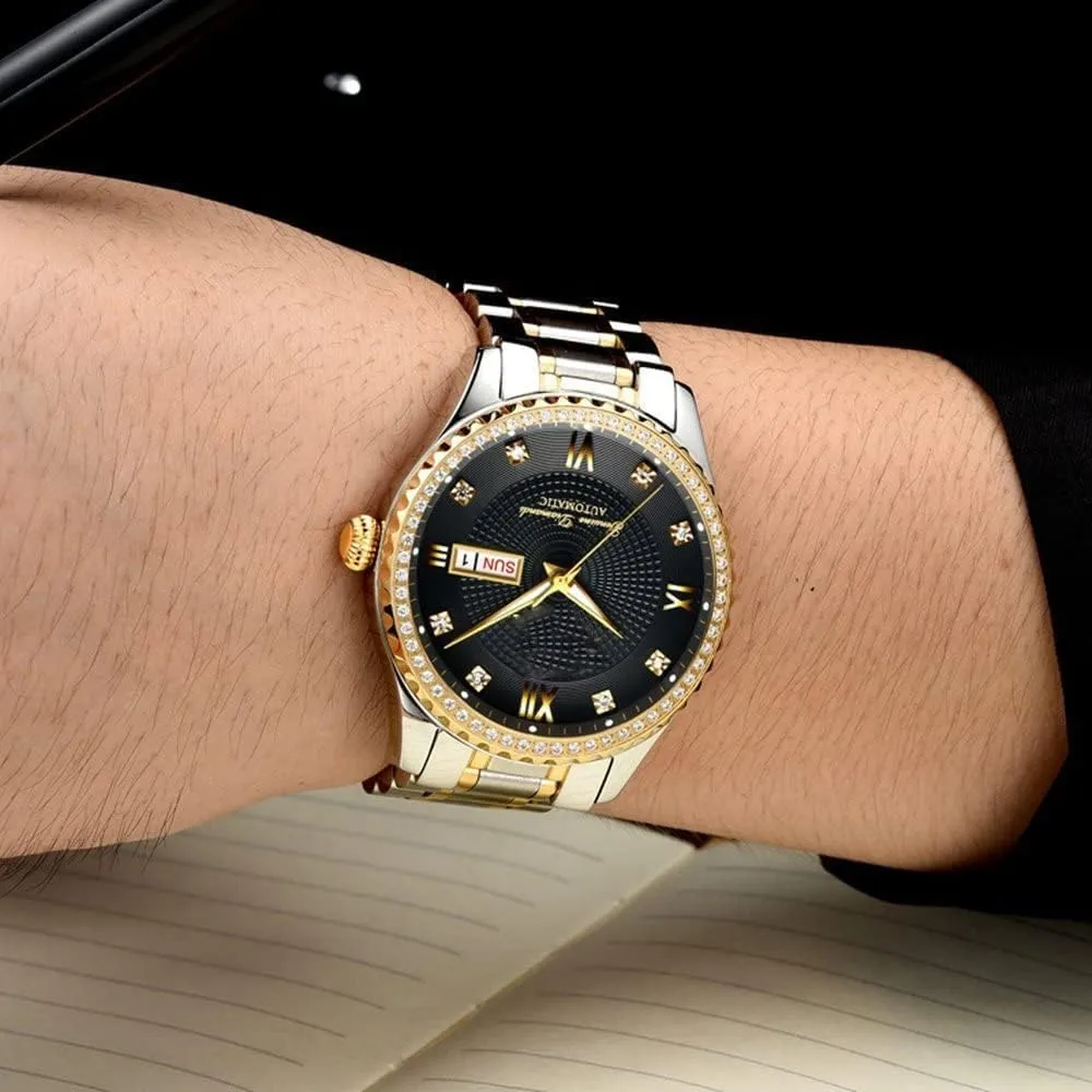 Automatic Watch Gifts Set of 2 Couples Automatic Self-Wind versus wither Watches Calendar Date Luxury Stainless Steel Men and Women Pair Watches His and Hers 