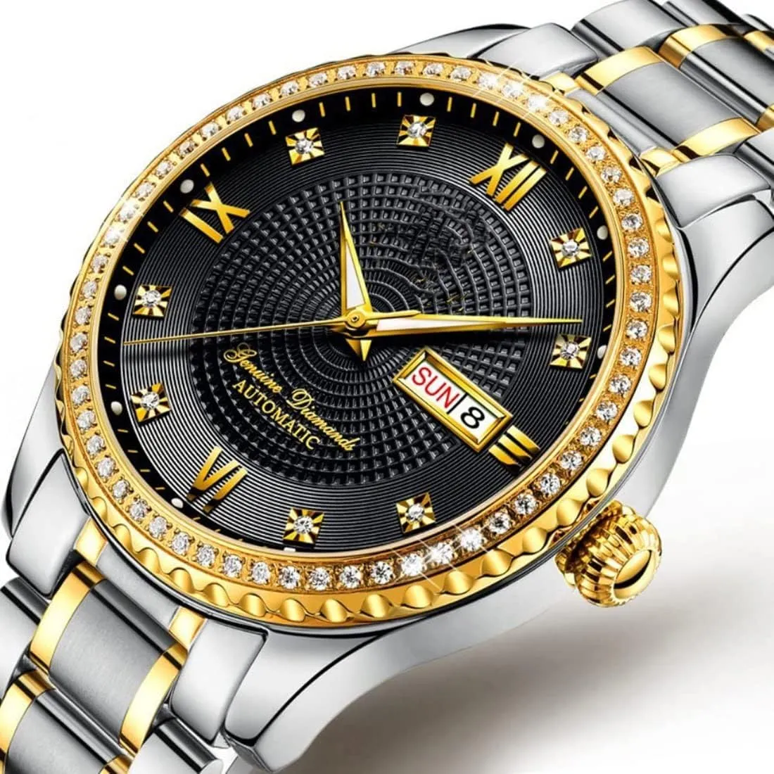 Automatic Watch Gifts Set of 2 Couples Automatic Self-Wind versus wither Watches Calendar Date Luxury Stainless Steel Men and Women Pair Watches His and Hers 