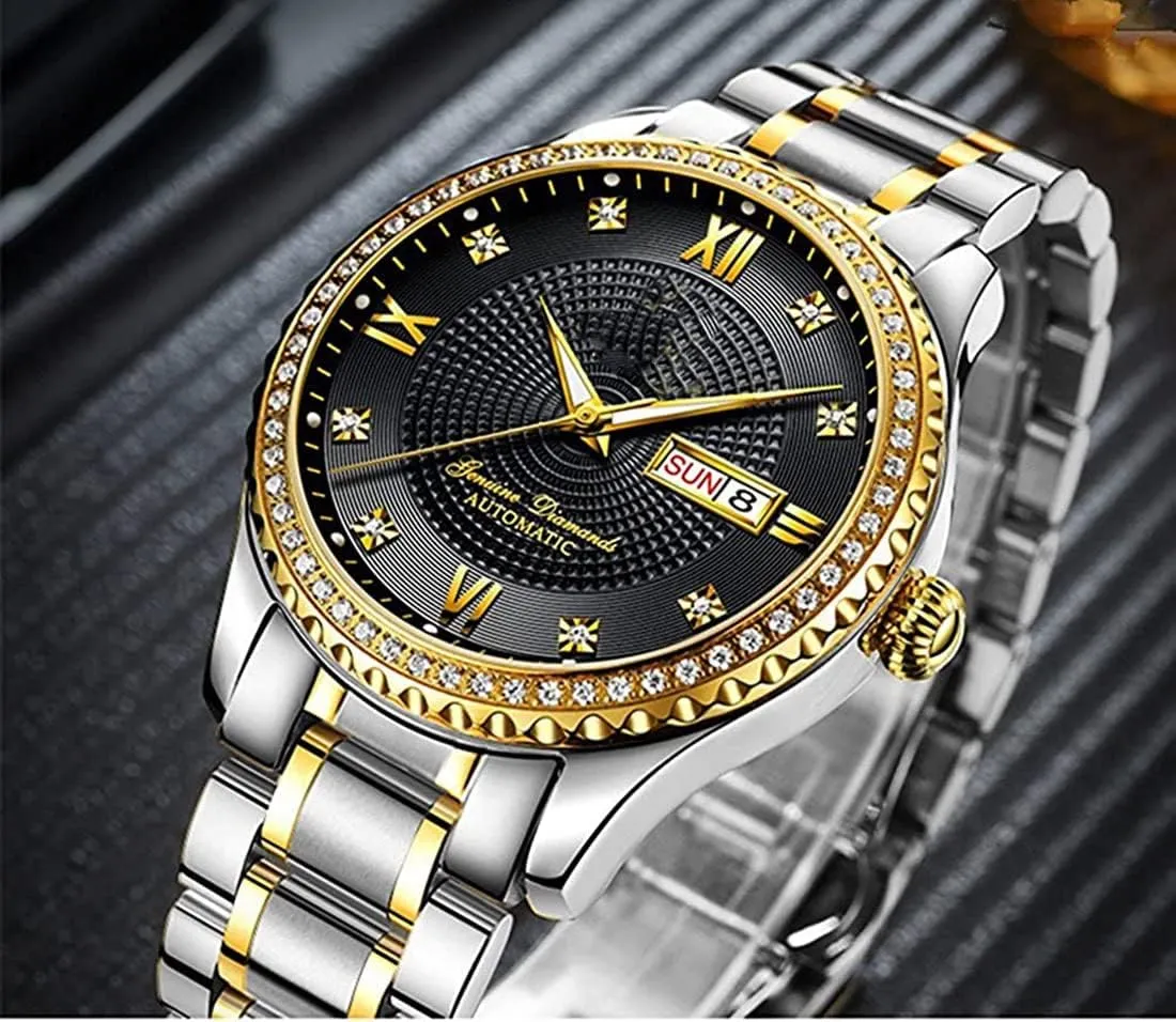 Automatic Watch Gifts Set of 2 Couples Automatic Self-Wind versus wither Watches Calendar Date Luxury Stainless Steel Men and Women Pair Watches His and Hers 