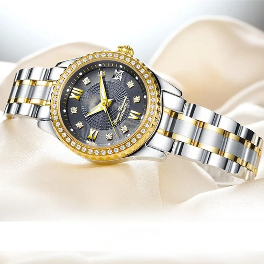 Automatic Watch Gifts Set of 2 Couples Automatic Self-Wind versus wither Watches Calendar Date Luxury Stainless Steel Men and Women Pair Watches His and Hers 