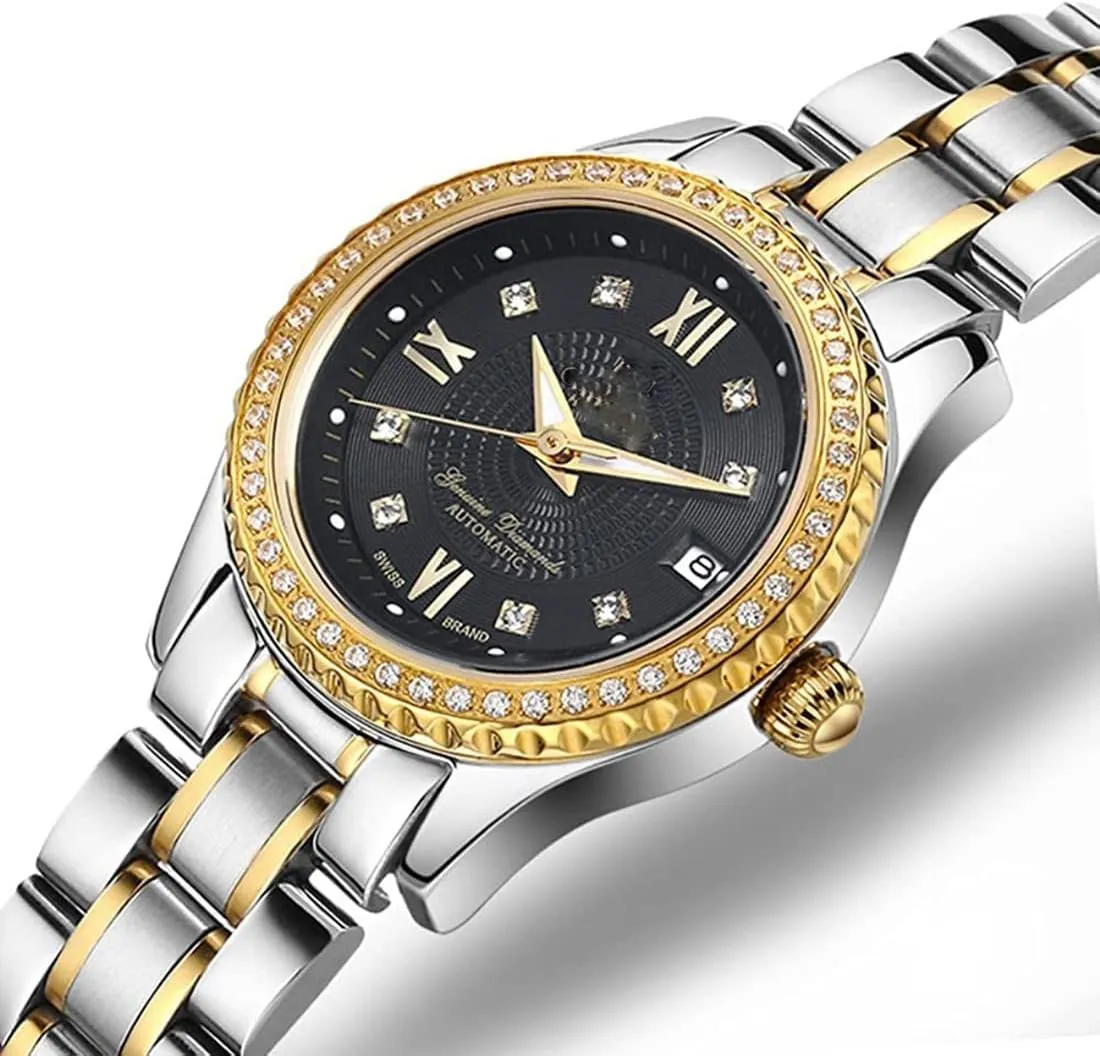 Automatic Watch Gifts Set of 2 Couples Automatic Self-Wind versus wither Watches Calendar Date Luxury Stainless Steel Men and Women Pair Watches His and Hers 