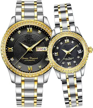 Automatic Watch Gifts Set of 2 Couples Automatic Self-Wind versus wither Watches Calendar Date Luxury Stainless Steel Men and Women Pair Watches His and Hers 